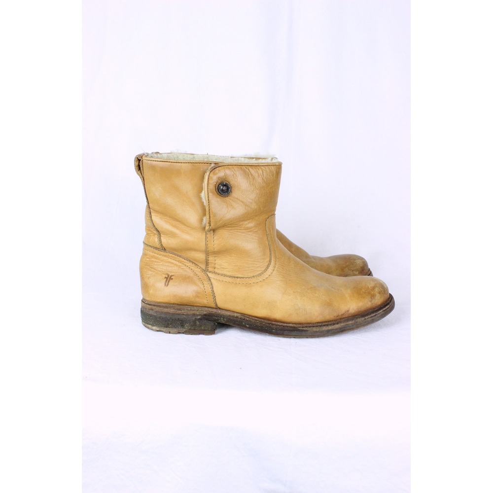Frye Mara Button Short Ankle Boot Womens 8 Tan Leather Shearling Boho Western
